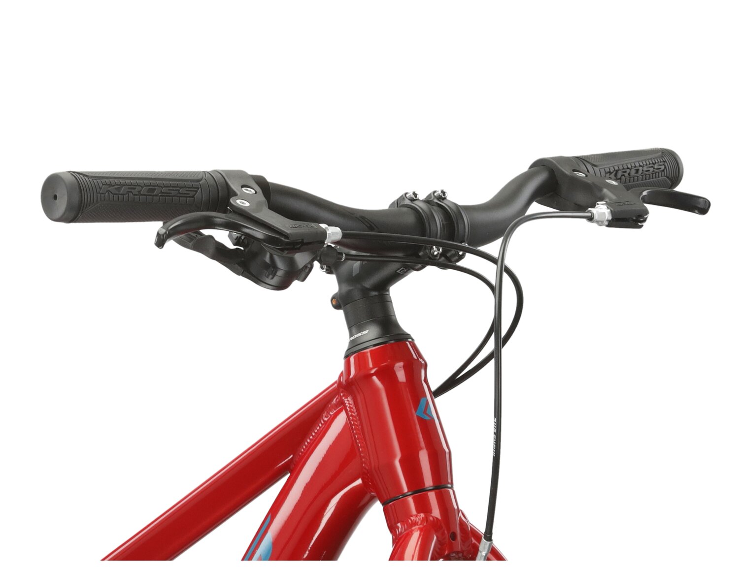  Kierownica oraz przednia część ramy juniorskiego roweru MTB KROSS Level JR 1.0 pokryta czerwoną farbą proszkową. 