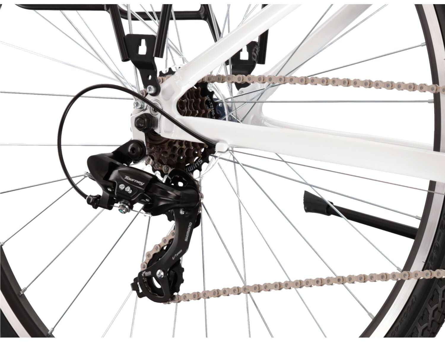  Tylna siedmiobiegowa przerzutka Shimano Tourney TY300 oraz hamulce v-brake w rowerze trekkingowym damskim KROSS Trans 1.0 