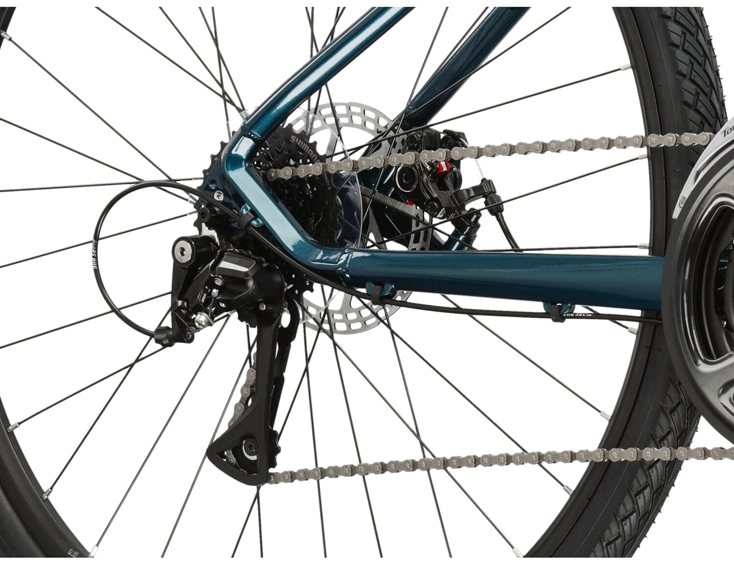  Tylna ośmiobiegowa przerzutka Shimano Acera M3020 oraz mechaniczne hamulce tarczowe w rowerze crossowym damskim KROSS Evado 3.0 