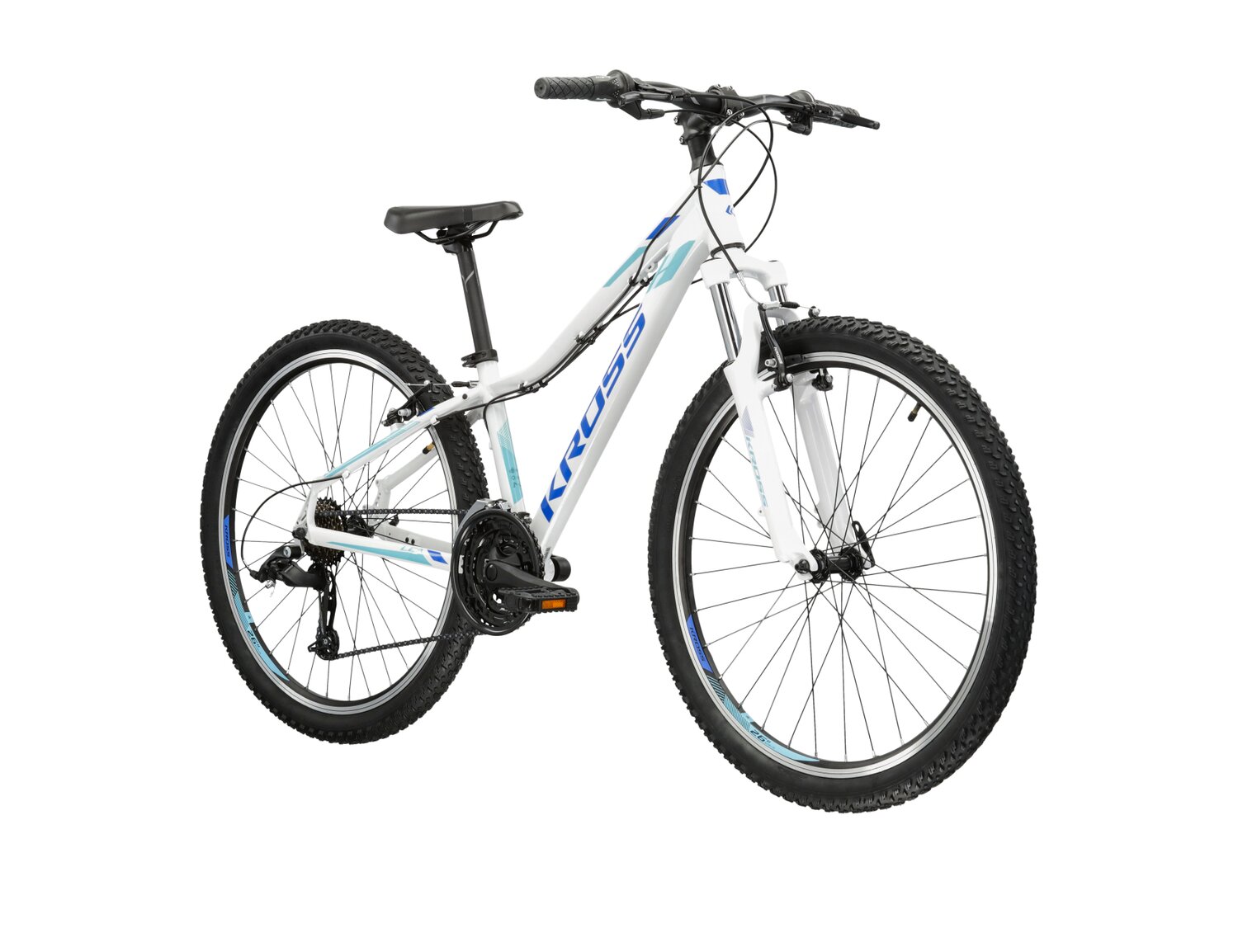 Damski rower górski MTB Woman Kross Lea 1.0 SR na aluminiowej ramie w kolorze białym wyposażony w osprzęt Sunrace 