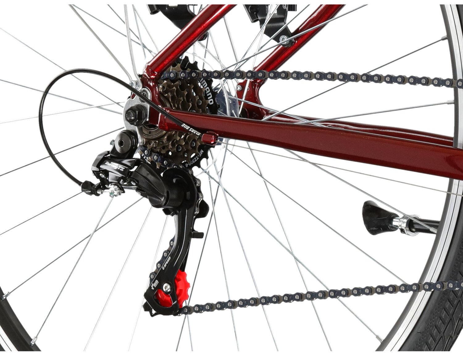  Tylna sześciobiegowa przerzutka Shimano Tourney TZ500 oraz hamulce v-brake w rowerze miejskim KROSS Sentio 1.0 