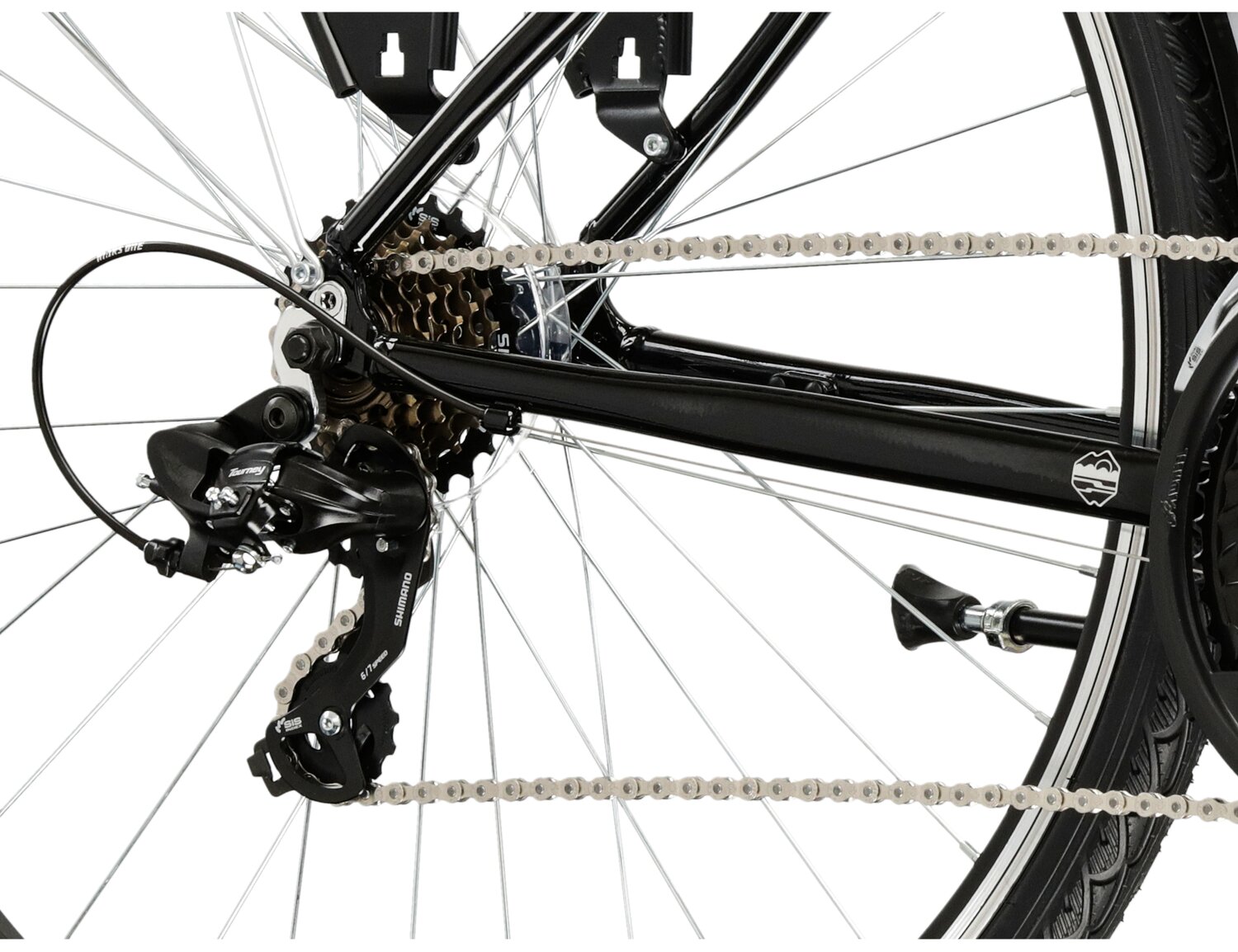  Tylna siedmiobiegowa przerzutka Shimano Tourney TY300 oraz hamulce v-brake w rowerze trekkingowym KROSS Trans 1.0 