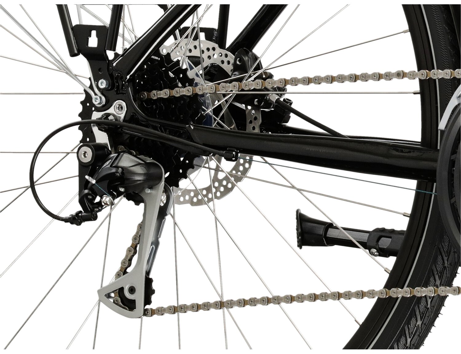  Tylna dziewięciobiegowa przerzutka Shimano Alivio T4000 oraz hydrauliczne hamulce tarczowe Shimano MT200 w rowerze trekkingowym KROSS Trans 8.0 