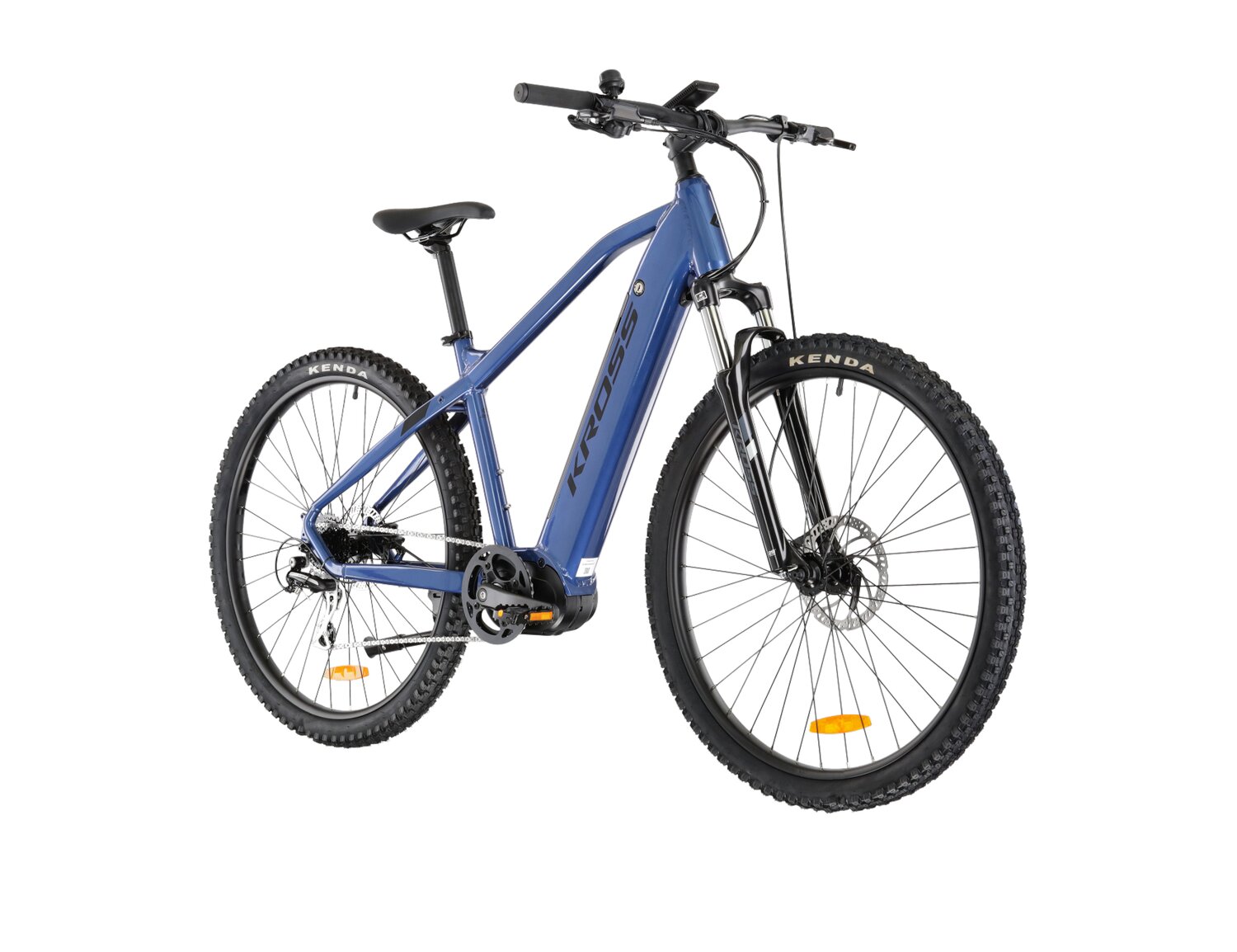 Elektryczny rower górski MTB Kross Hexagon Boost 3.0 518 Wh na aluminiowej ramie w kolorze niebieskim wyposażony w osprzęt Shimano i napęd elektryczny Truckrun