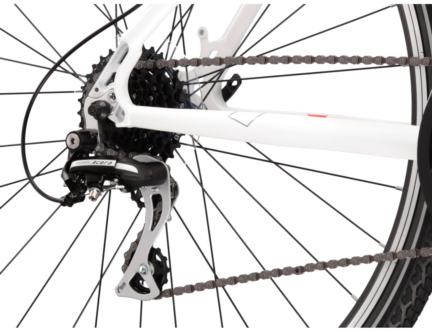  Tylna ośmiobiegowa przerzutka Shimano Acera M3020 oraz hamulce w brake w rowerze crossowym damskim KROSS Evado 3.0 