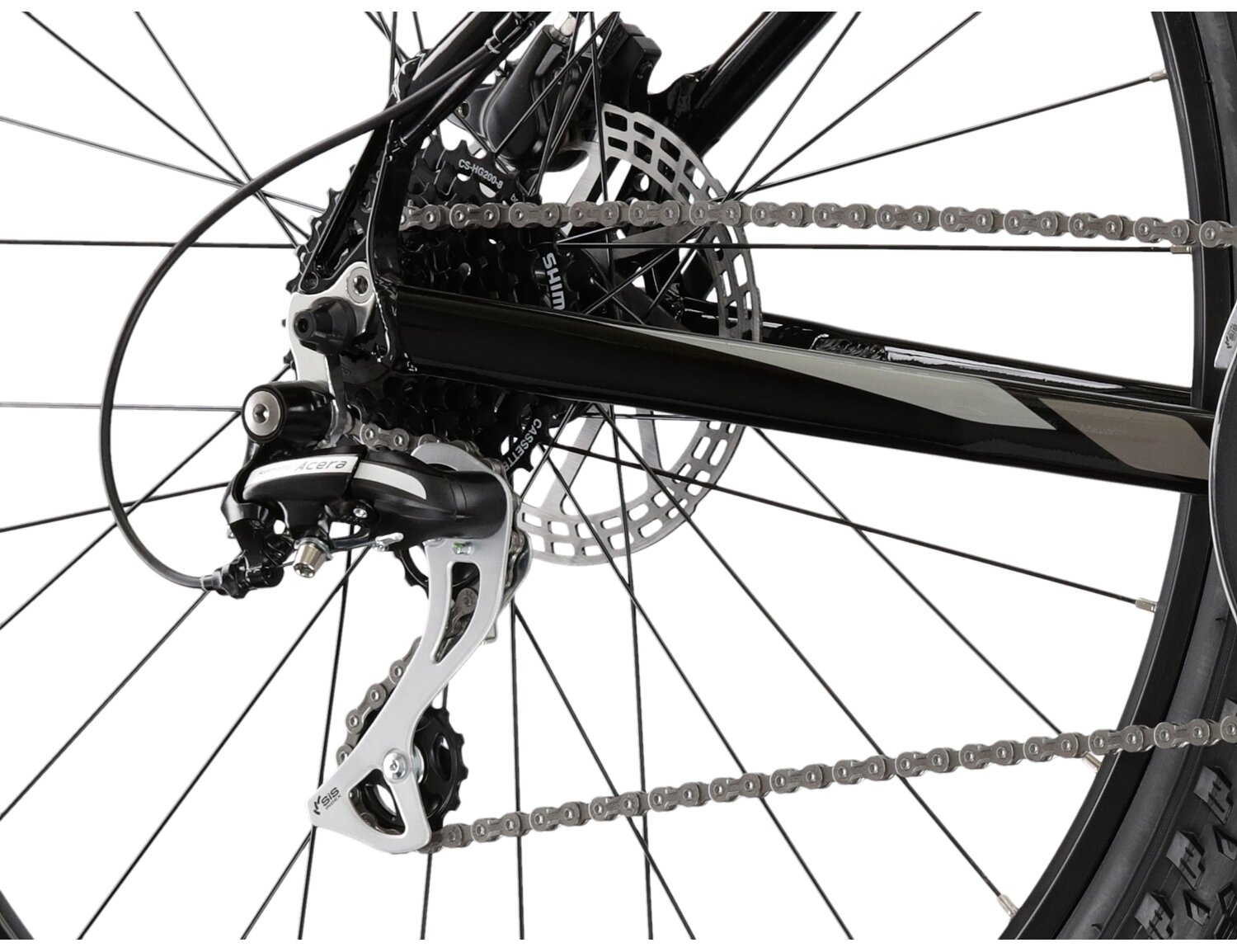  Tylna ośmiobiegowa przerzutka Shimano Acera RD M3020 oraz hydrauliczne hamulce tarczowe Shimano MT200 w rowerze górskim MTB KROSS Hexagon 6.0 