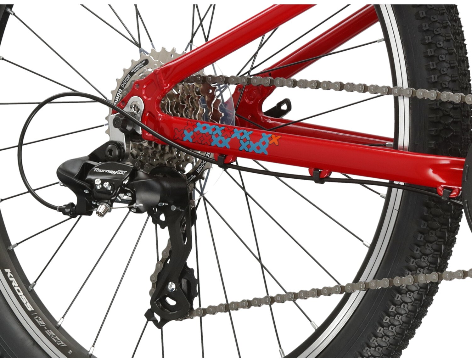  Tylna ośmiobiegowa przerzutka Shimano Tourney TX800 oraz hamulce v-brake w rowerze juniorskim KROSS Level JR 1.0 