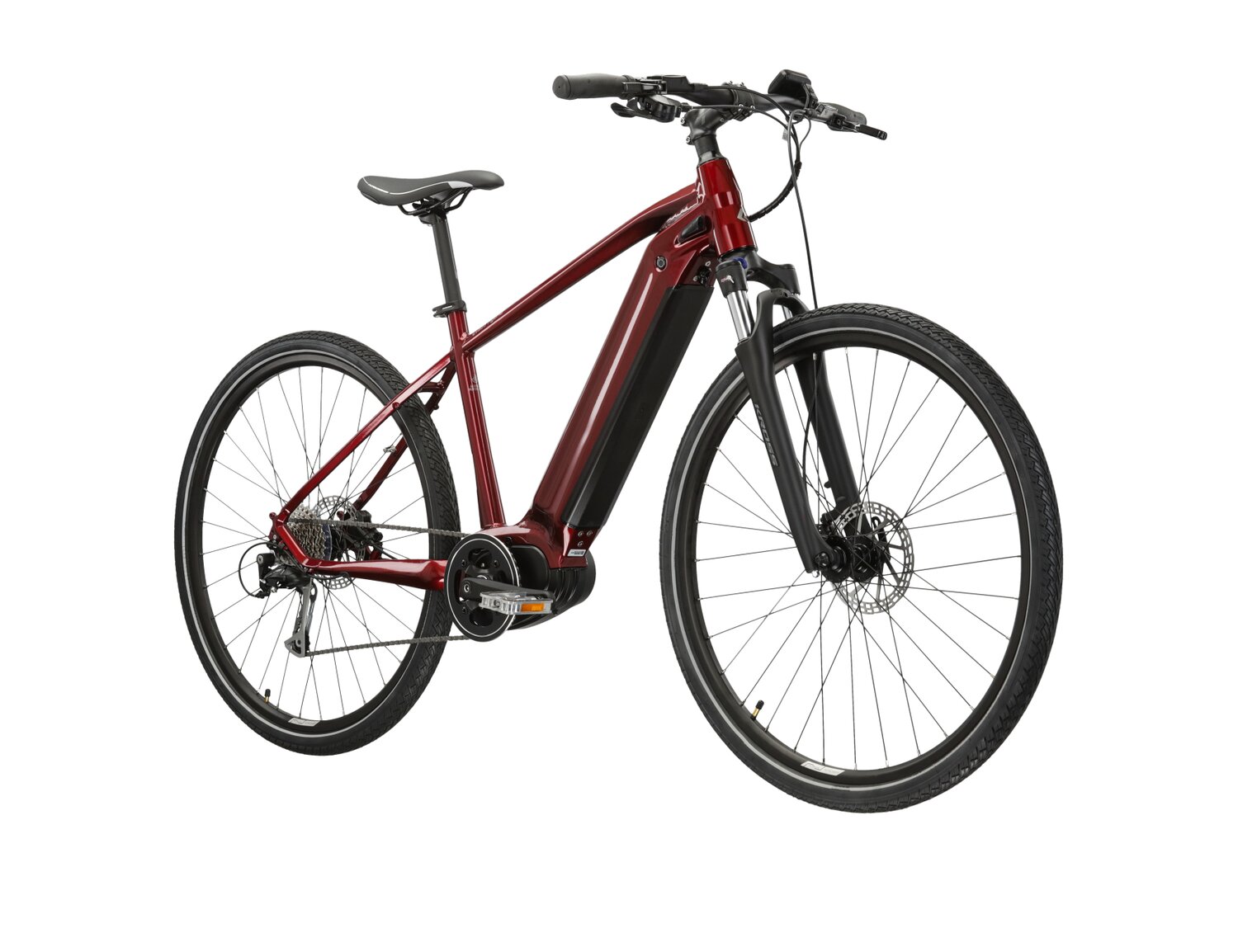  Elektryczny rower crossowy KROSS Evado Hybrid 2.0 730 Wh na aluminiowej ramie w kolorze rubinowym wyposażony w osprzęt Shimano i napęd elektryczny Bafang