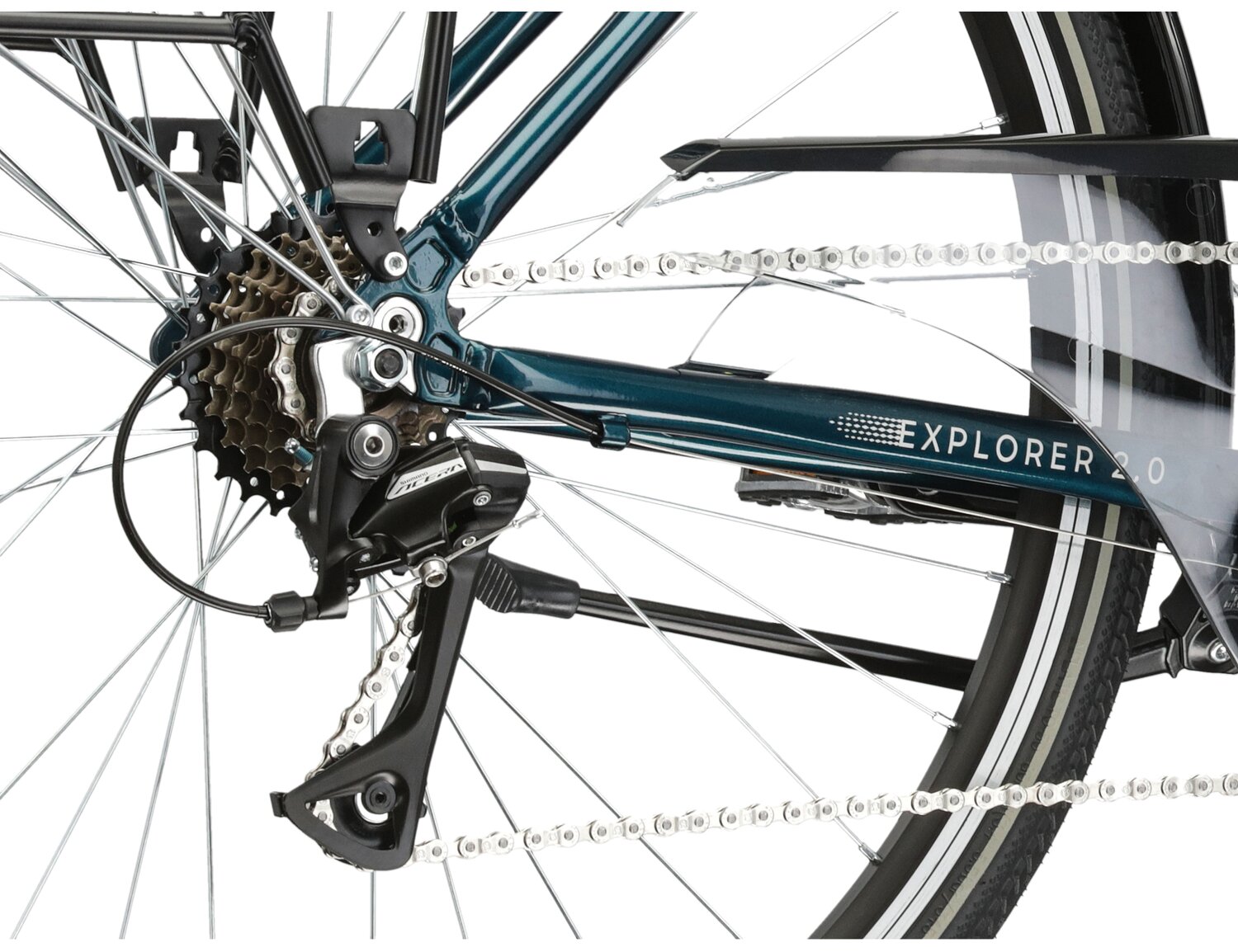  Tylna siedmiobiegowa przerzutka Shimano Acera M3020 oraz hamulce v-brake w rowerze trekkingowym damskim KROSS Explorer 2.0 