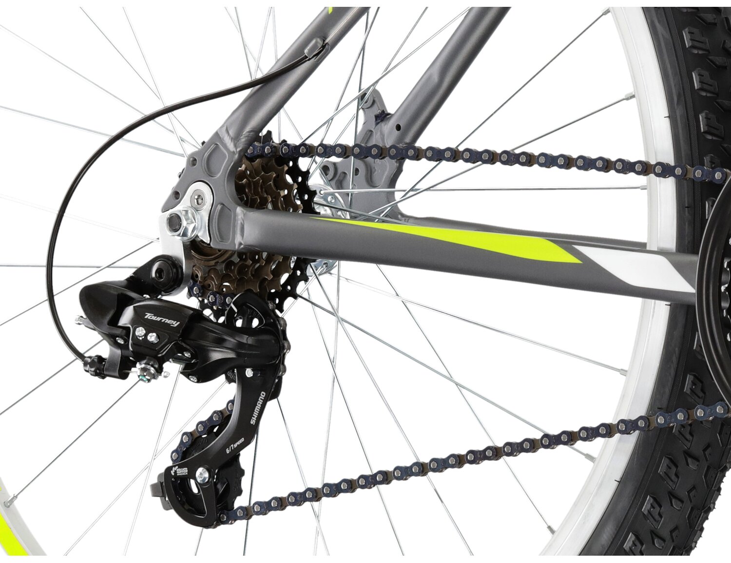  Tylna sześciobiegowa przerzutka Shimano Tourney TY300 oraz hamulce v-brake w rowerze górskim MTB KROSS Hexagon 