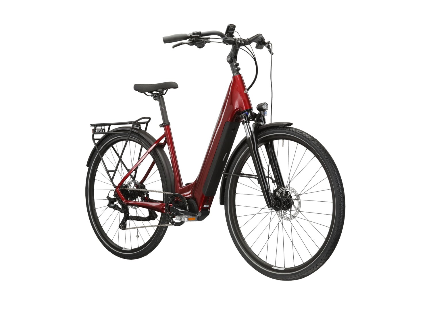  Elektryczny rower trekkingowy KROSS Trans Hybrid LS 3.0 500 Wh na aluminiowej ramie w kolorze rubinowym wyposażony w osprzęt Microshift i napęd elektryczny Bafang