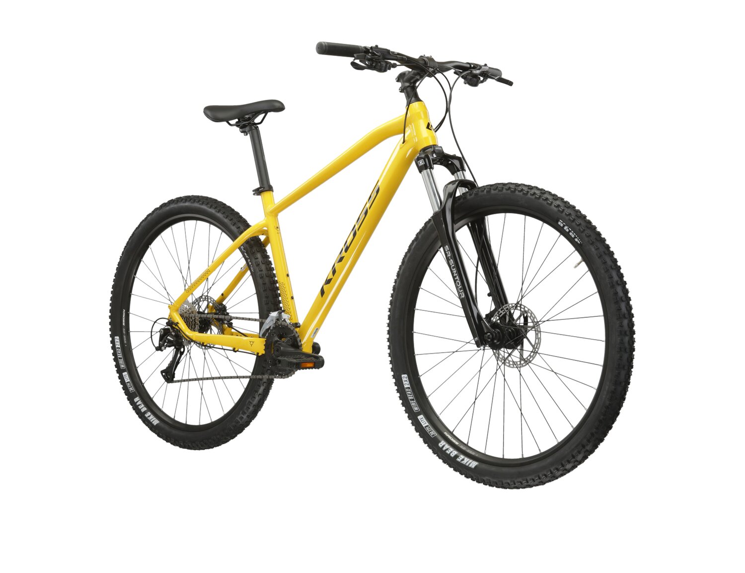 Rower górski MTB Kross Hexagon 4.0 na aluminiowej ramie w kolorze żółtym wyposażony w osprzęt Shimano 