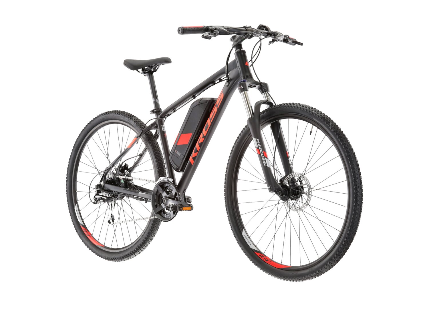 Elektryczny rower górski MTB Kross Hexagon Boost 1.0 522 Wh na aluminiowej ramie w kolorze czarnym wyposażony w osprzęt Shimano i napęd elektryczny Bafang