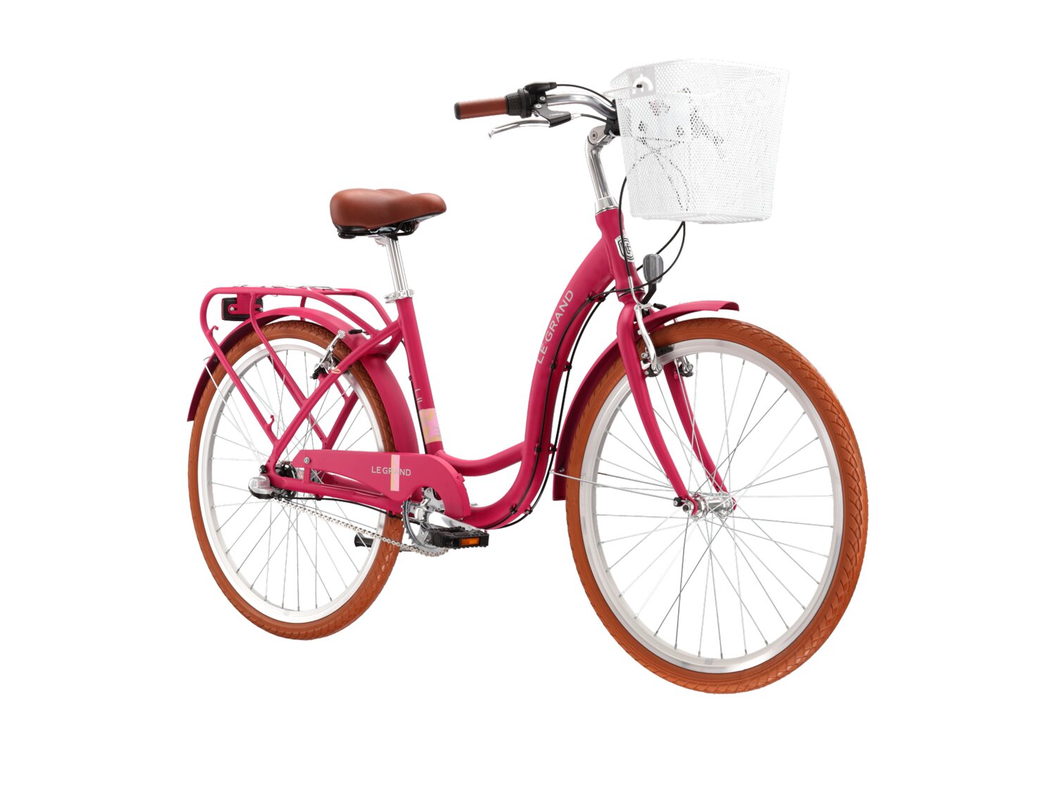  Rower miejski Le Grand Lille 3.0 na aluminiowej ramie w kolorze różowym wyposażony w osprzęt Shimano
