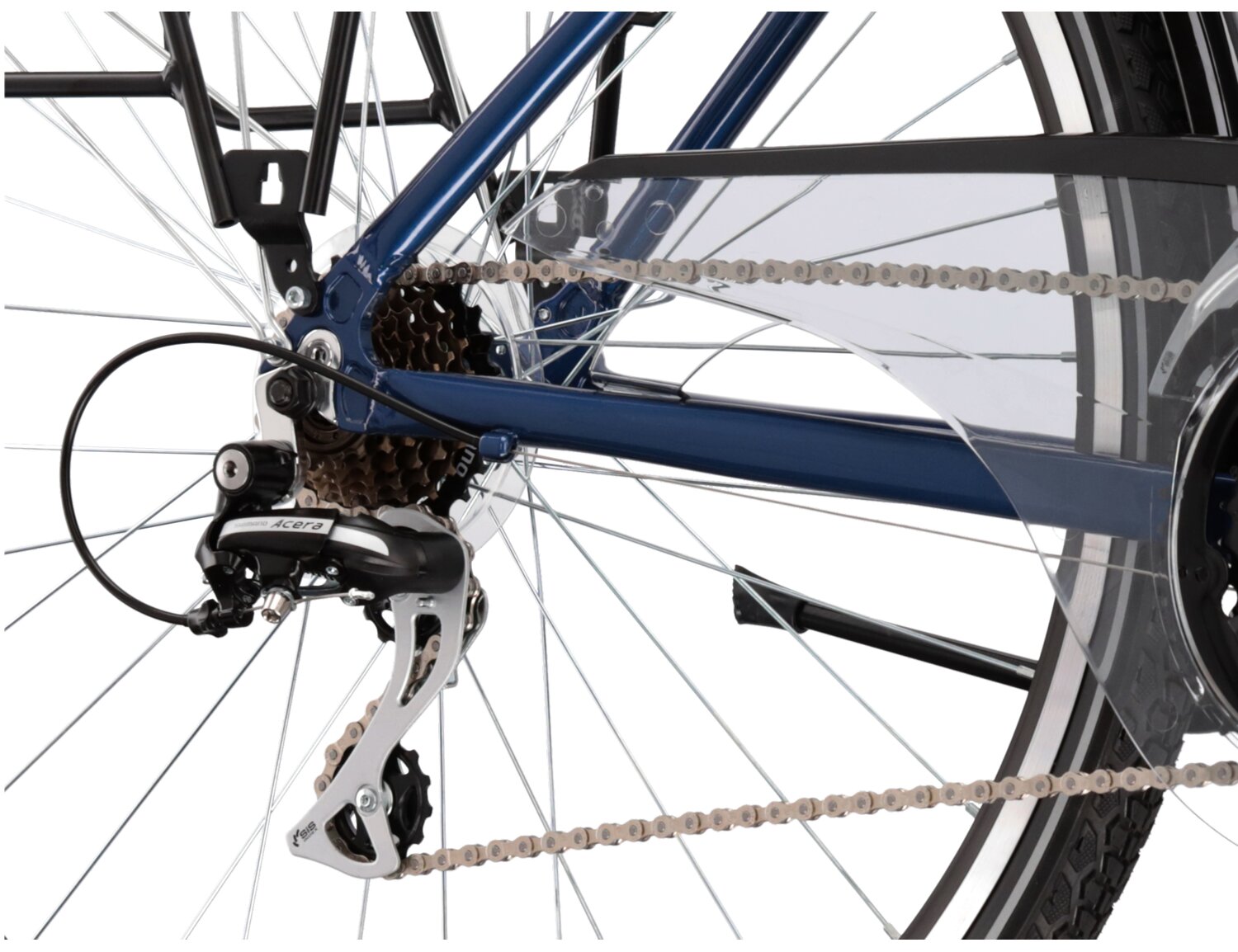  Tylna siedmiobiegowa przerzutka Shimano Acera M3020 oraz hamulce v-brake w rowerze trekkingowym damskim KROSS Trans 3.0 