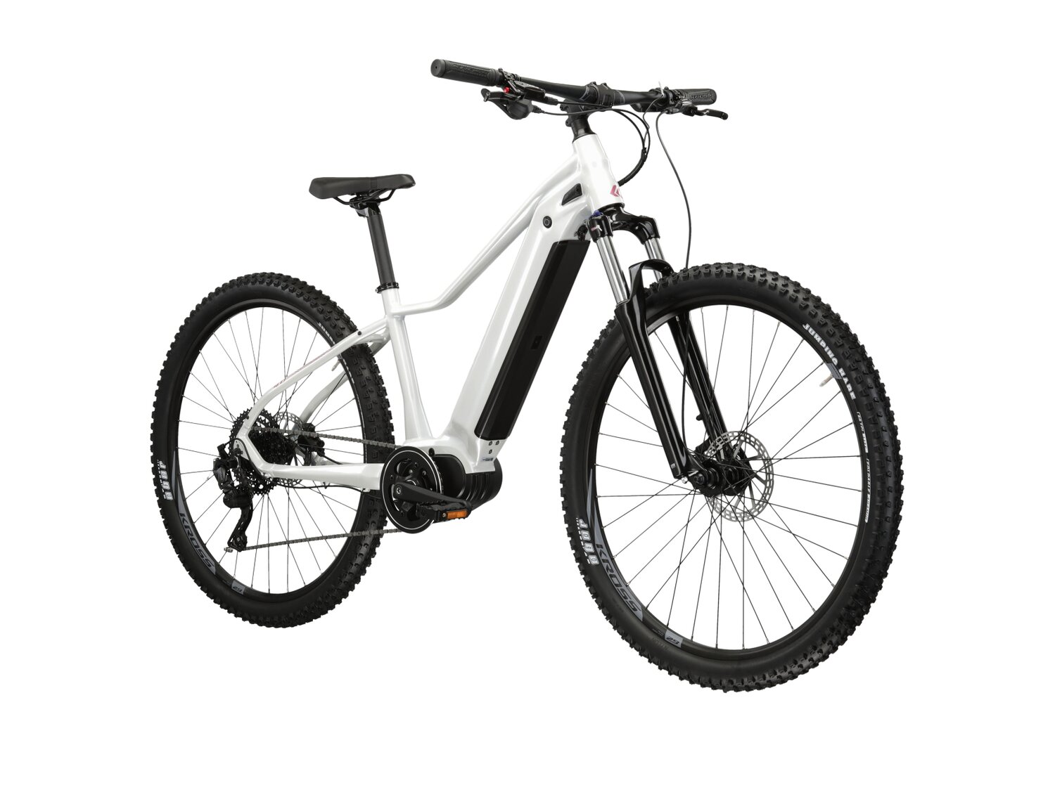 Elektryczny damski rower górski Ebike MTB Woman KROSS Lea Boost 4.0 730 WH na aluminiowej ramie w kolorze perłowym wyposażony w osprzęt Microshift i napęd elektryczny Bafang 