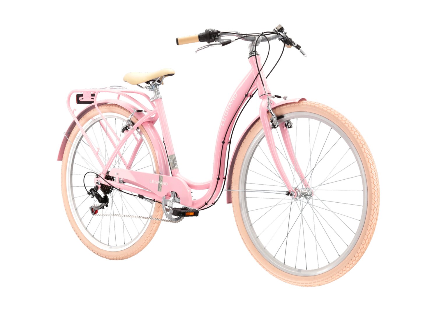  Rower miejski Le Grand Lille 2.0 na aluminiowej ramie w kolorze różowym wyposażony w osprzęt Shimano