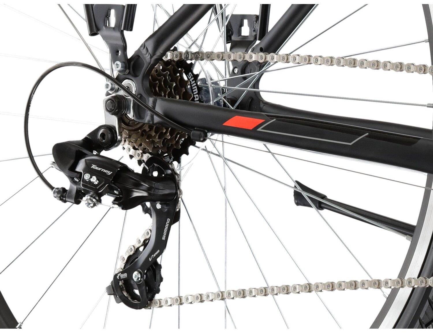  Tylna siedmiobiegowa przerzutka Shimano Tourney TY300 oraz hamulce v-brake w rowerze trekkingowym KROSS Explorer 1.1 