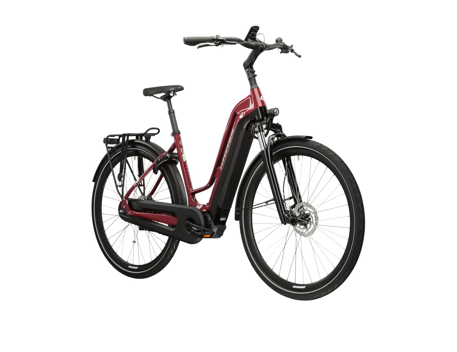  Elektryczny rower miejski Ebike City KROSS Sentio Hybrid 6.0 500 Wh UNI na aluminiowej ramie w kolorze wiśniowym wyposażony w osprzęt shimano i napęd elektryczny Shimano