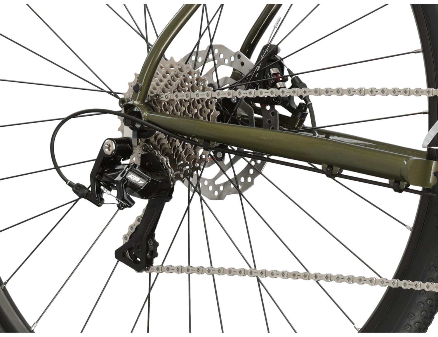  Tylna dziesięciobiegowa przerzutka KR7 R5010 oraz mechaniczne hamulce tarczowe TRP Spyre w rowerze gravelowym KROSS Esker 4.0 KRX 