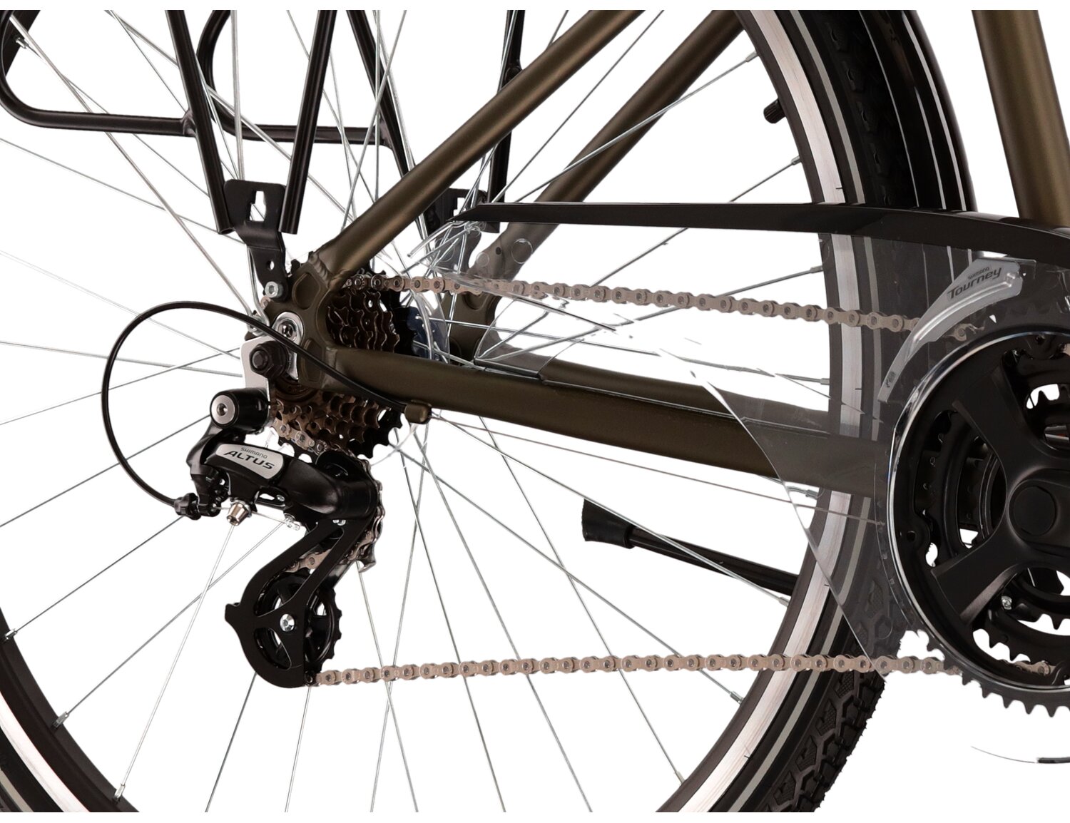  Tylna siedmiobiegowa przerzutka Shimano Altus M310 oraz hamulce v-brake w rowerze trekkingowym KROSS Trans 2.0 
