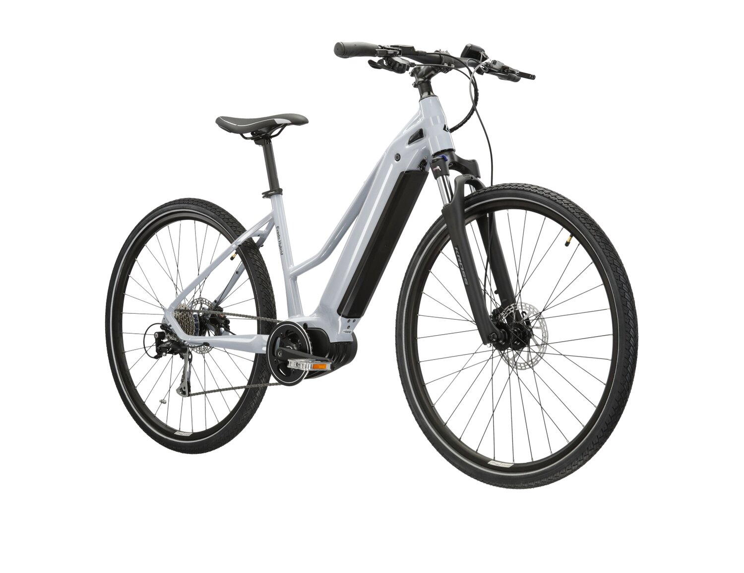  Elektryczny rower crossowy KROSS Evado Hybrid 2.0 730 Wh UNI na aluminiowej ramie w kolorze szarym wyposażony w osprzęt Shimano i napęd elektryczny Bafang