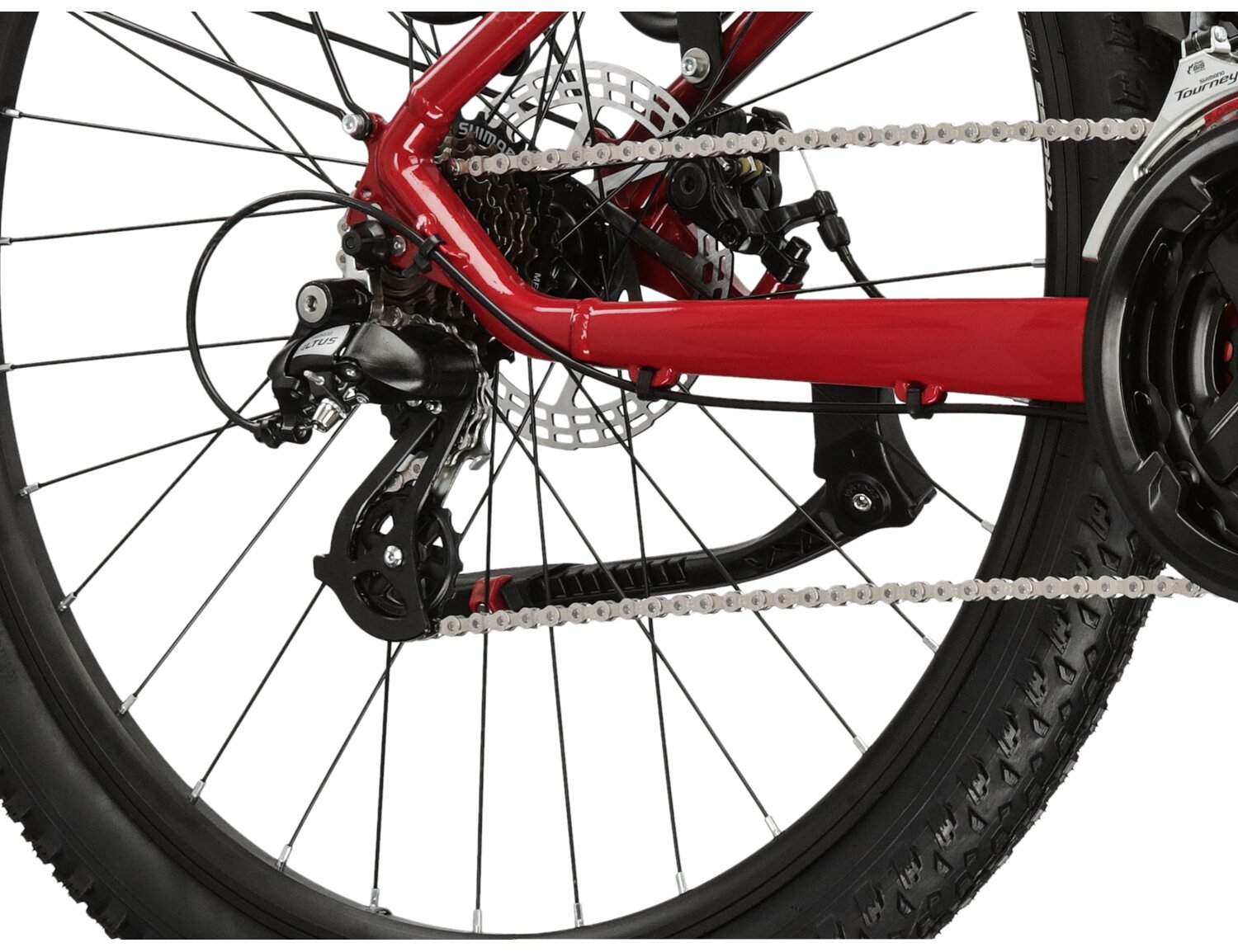  Tylna siedmiobiegowa przerzutka Shimano Altus M310 oraz mechaniczne hamulce tarczowe w rowerze górskim MTB KROSS Hexagon 2.0 EQ 