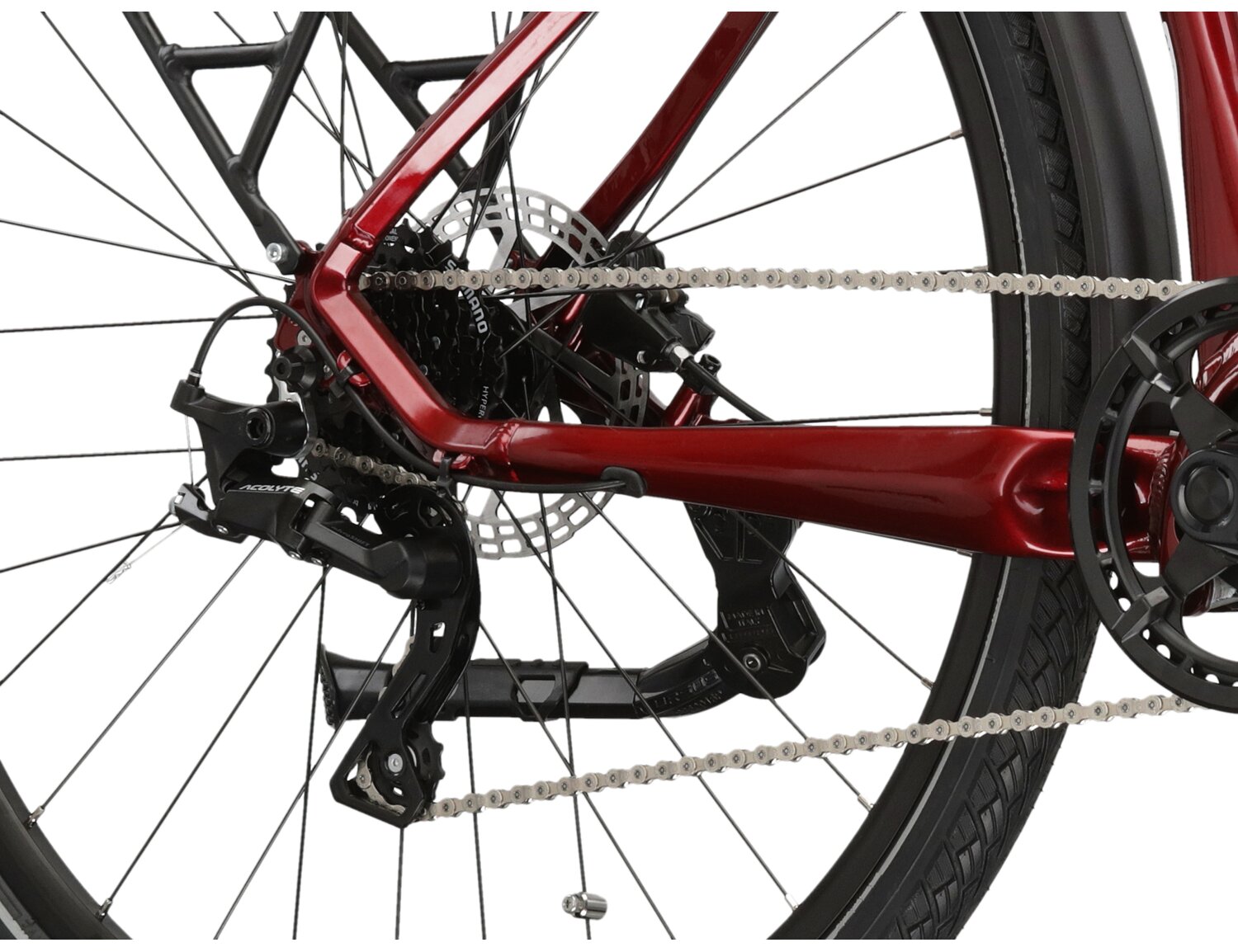 Tylna ośmiobiegowa przerzutka Microshift Acolyte M5180 oraz hydrauliczne hamulce tarczowe Shimano MT200 w elektrycznym rowerze trekkingowym KROSS Trans Hybrid LS 3.0 500 Wh