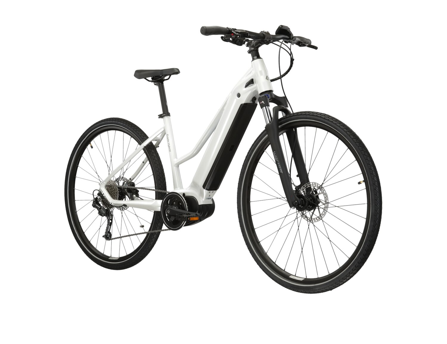  Elektryczny rower crossowy KROSS Evado Hybrid 3.0 882 Wh UNI na aluminiowej ramie w kolorze perłowym wyposażony w osprzęt Shimano i napęd elektryczny Bafang