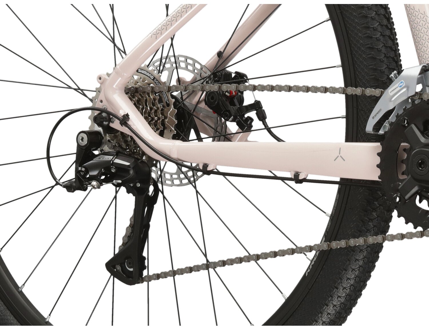  Tylna ośmiobiegowa przerzutka Shimano Acera M3020 oraz mechaniczne hamulce tarczowe w damskim rowerze górskim MTB Woman KROSS Lea 3.0