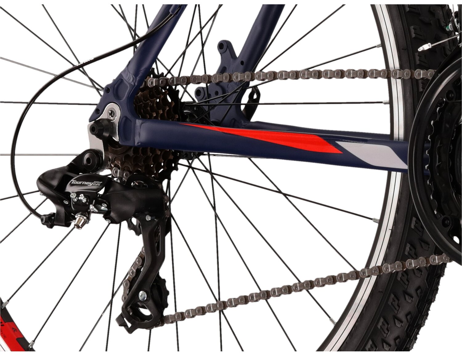  Tylna siedmiobiegowa przerzutka Shimano Tourney TX800 oraz hamulce v-brake w rowerze górskim MTB KROSS Hexagon 1.0 