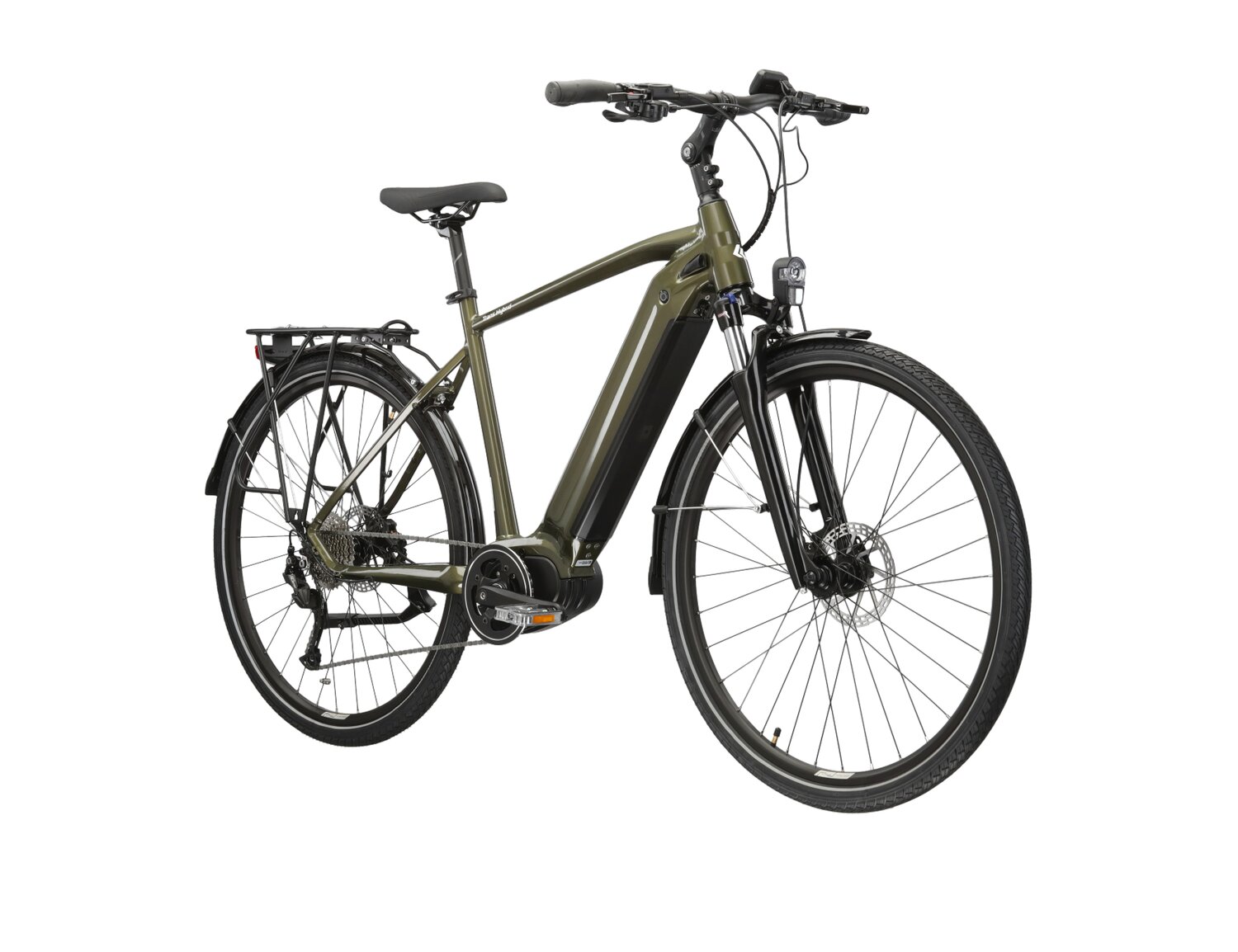  Elektryczny rower trekkingowy KROSS Trans Hybrid 2.0 730 Wh na aluminiowej ramie w kolorze khaki wyposażony w osprzęt Shimano i napęd elektryczny Bafang