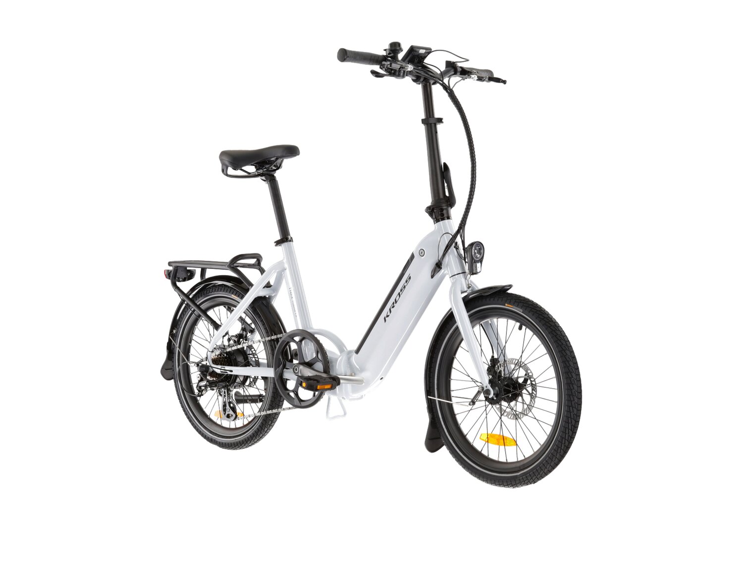  Elektryczny rower miejski Ebike City KROSS Flex Hybrid 1.0 367 Wh na aluminiowej ramie w kolorze perłowym wyposażony w osprzęt Shimano i napęd elektryczny Shengyi