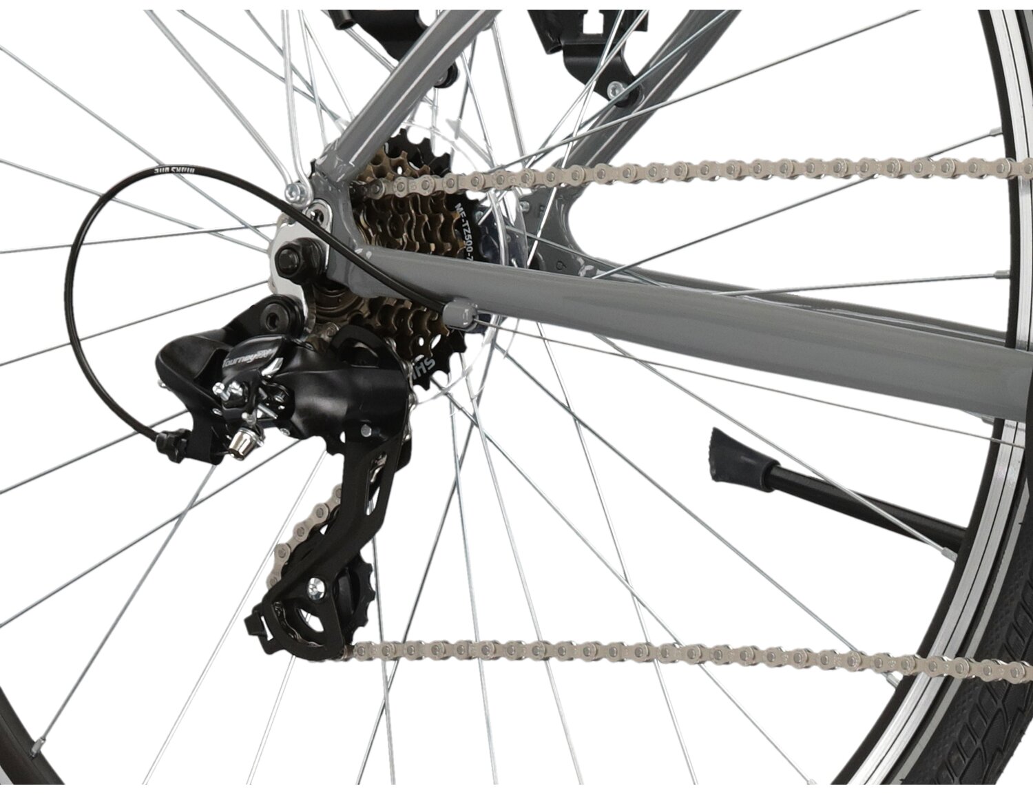  Tylna siedmiobiegowa przerzutka Shimano Tourney TY300 oraz hamulce v-brake w rowerze trekkingowym KROSS Trans 1.0 