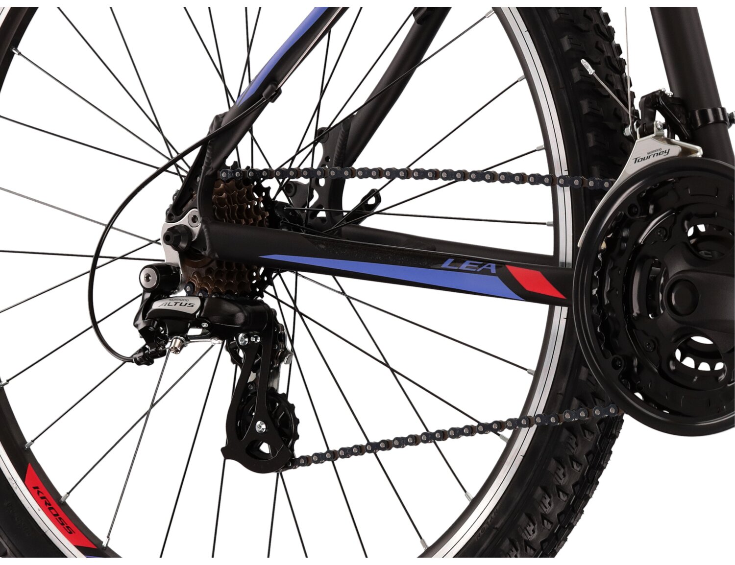  Tylna siedmiobiegowa przerzutka Shimano Altus M310 oraz hamulce v-brake w damskim rowerze górskim MTB Woman KROSS Lea 2.0 SK