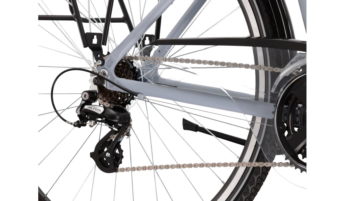  Tylna siedmiobiegowa przerzutka Shimano Altus M310 oraz hamulce v-brake w rowerze trekkingowym damskim KROSS Trans 2.0 
