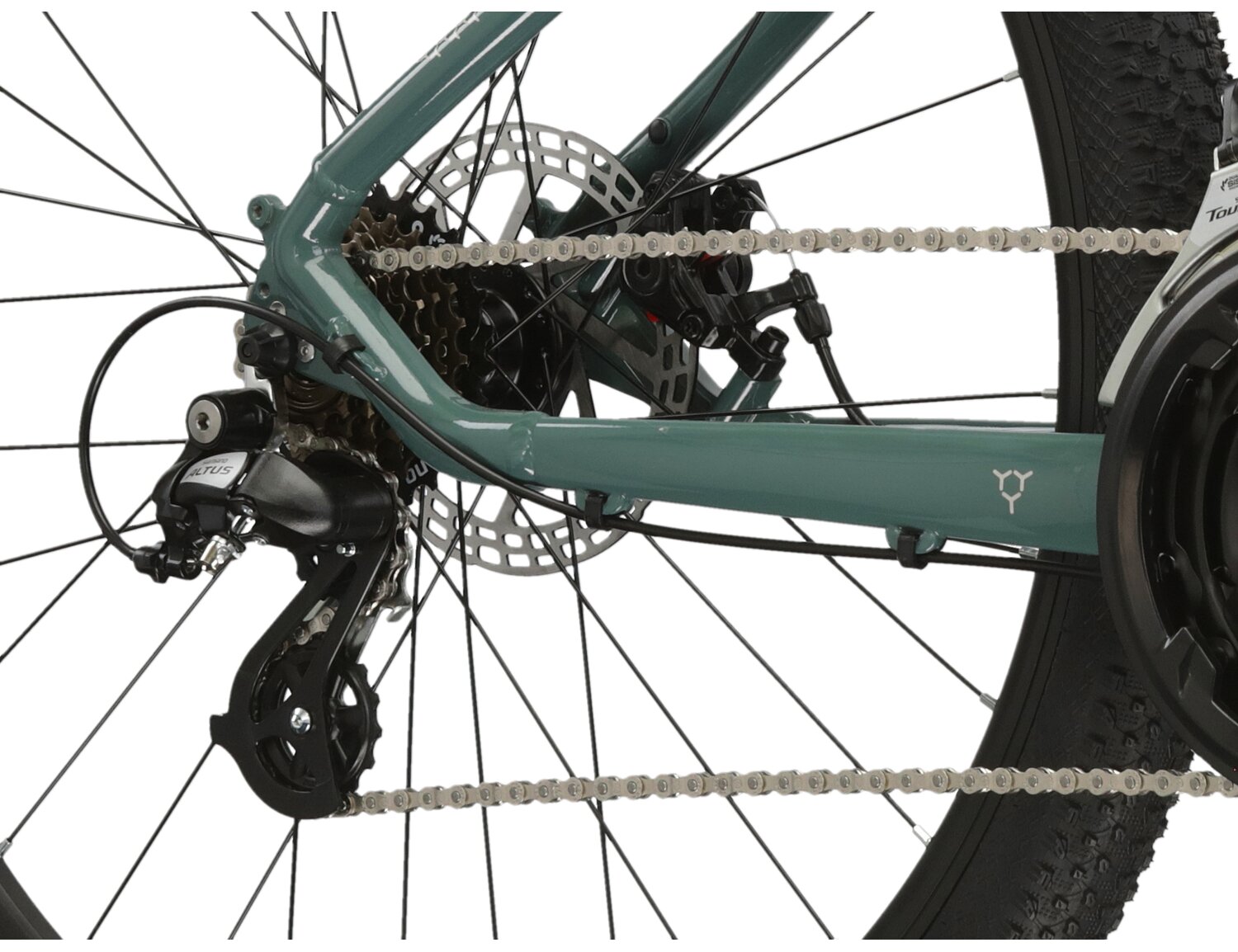  Tylna siedmiobiegowa przerzutka Shimano Altus M310 oraz mechaniczne hamulce tarczowe w rowerze górskim MTB KROSS Hexagon 2.0 