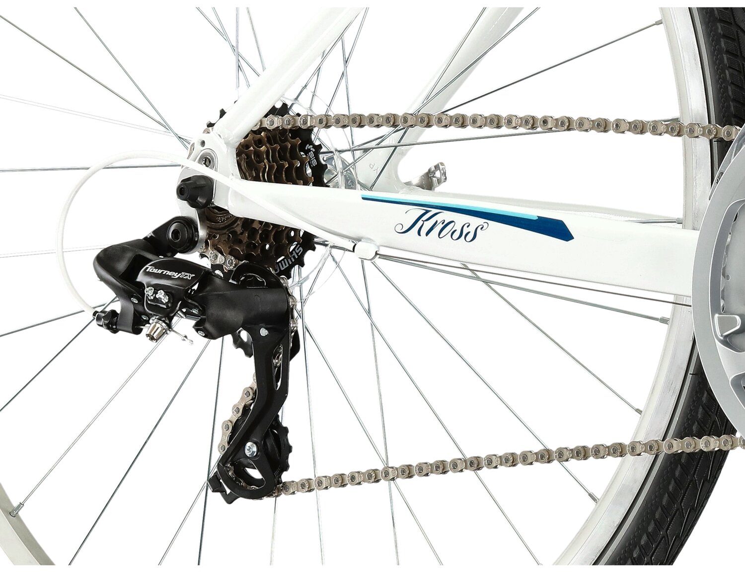  Tylna siedmiobiegowa przerzutka Shimano Tourney TX800 oraz hamulce v-brake w rowerze miejskim KROSS Modo 2.0 