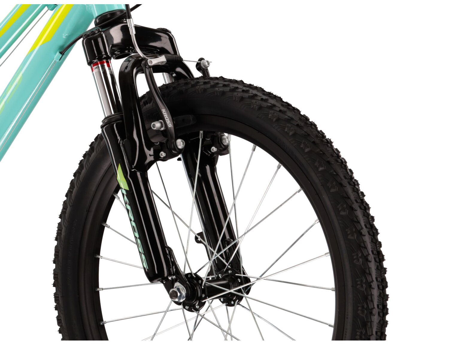  Aluminiowa rama, amortyzowany widelec o skoku 40mm oraz opony w rowerze dziecięcym KROSS Lea Mini 2.0 