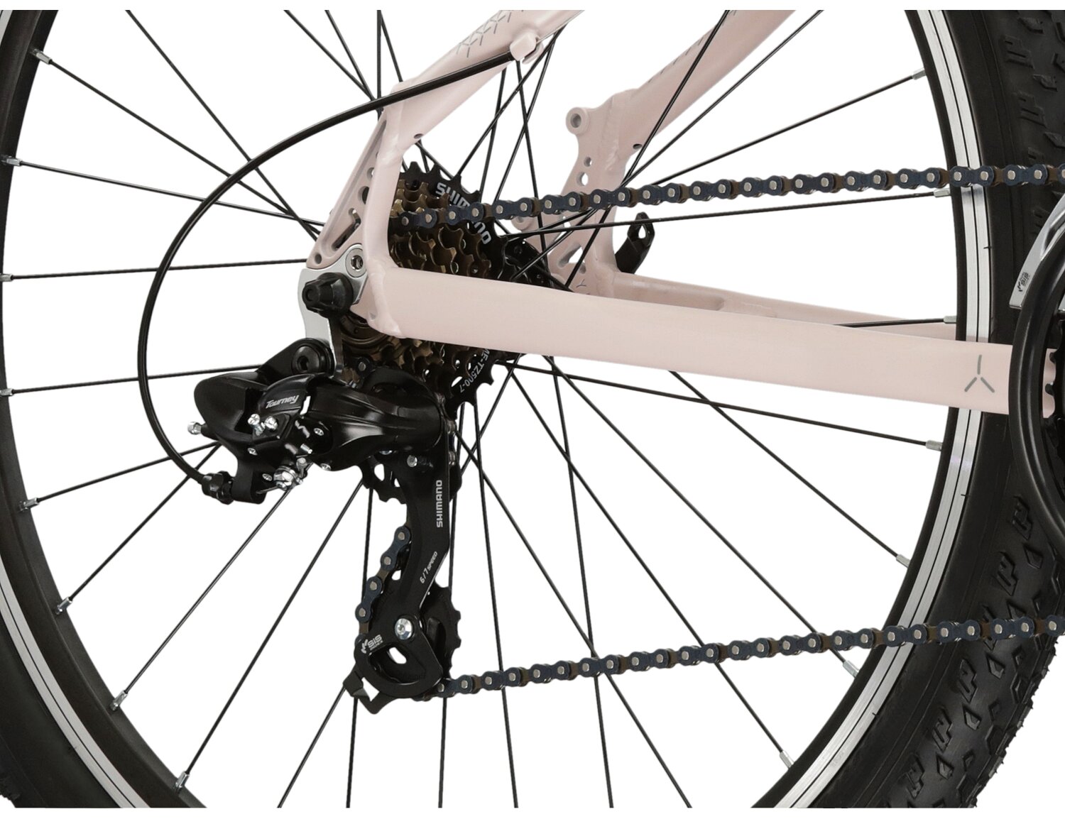  Tylna siedmiobiegowa przerzutka Shimano Tourney TY300 oraz hamulce v-brake w damskim rowerze górskim MTB Woman KROSS Lea 1.0