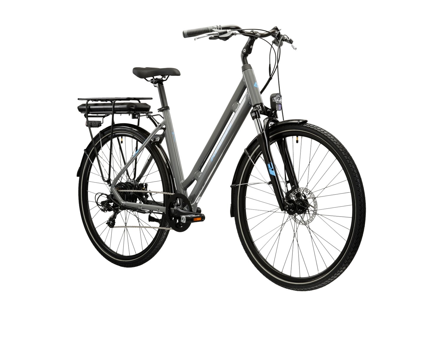  Elektryczny rower miejski Ebike City KROSS Sentio Hybrid 345 Wh na aluminiowej ramie w kolorze srebrnym wyposażony w osprzęt Shimano i napęd elektryczny SHENGYI