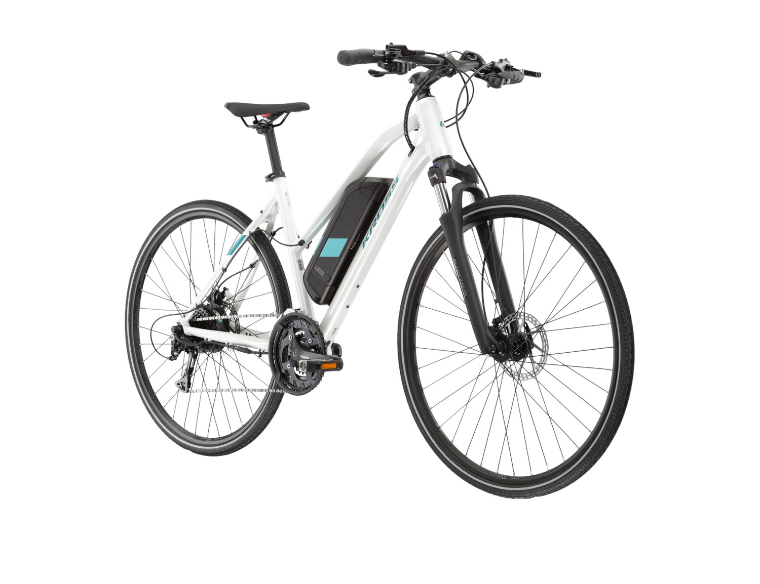  Elektryczny rower crossowy KROSS Evado Hybrid 1.0 522 Wh UNI na aluminiowej ramie w kolorze białym wyposażony w osprzęt Shimano i napęd elektryczny Bafang