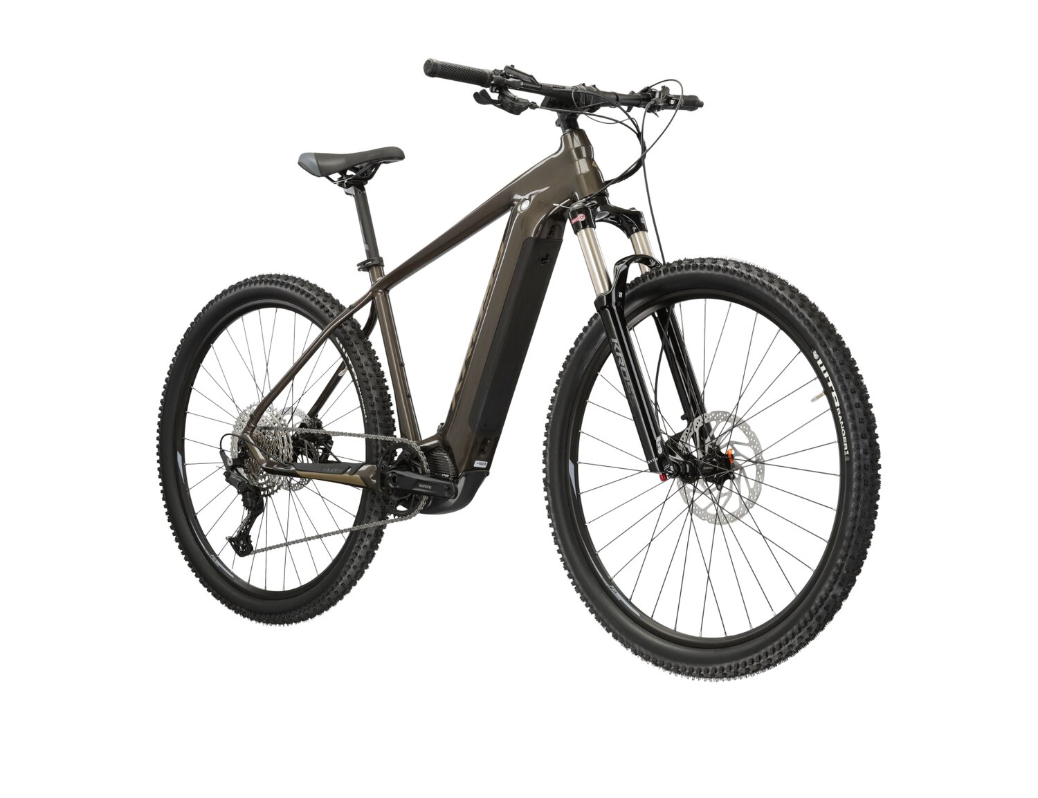  Elektryczny rower górski Ebike MTB XC KROSS Level Boost 2.0 500 Wh na aluminiowej ramie w kolorze brązowym wyposażony w osprzęt Shimano i napęd elektryczny Shimano 