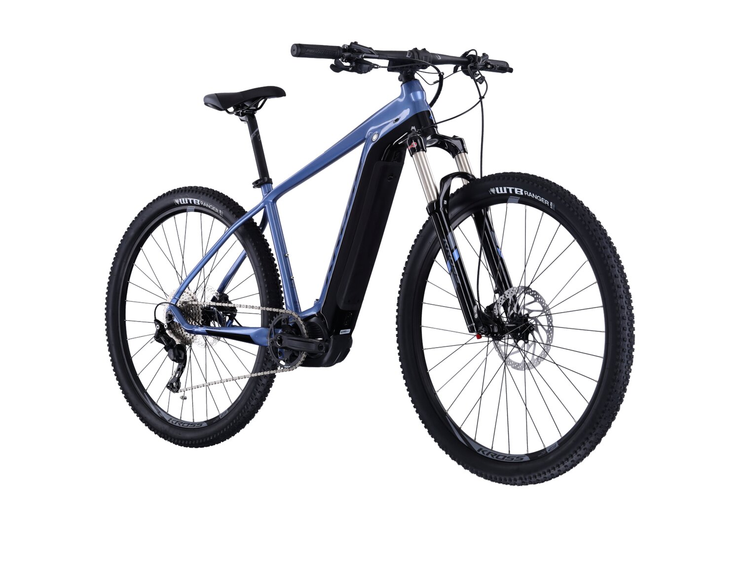  Elektryczny rower górski Ebike MTB XC KROSS Level Boost 2.0 500 Wh na aluminiowej ramie w kolorze niebieskim wyposażony w osprzęt Shimano i napęd elektryczny Shimano 