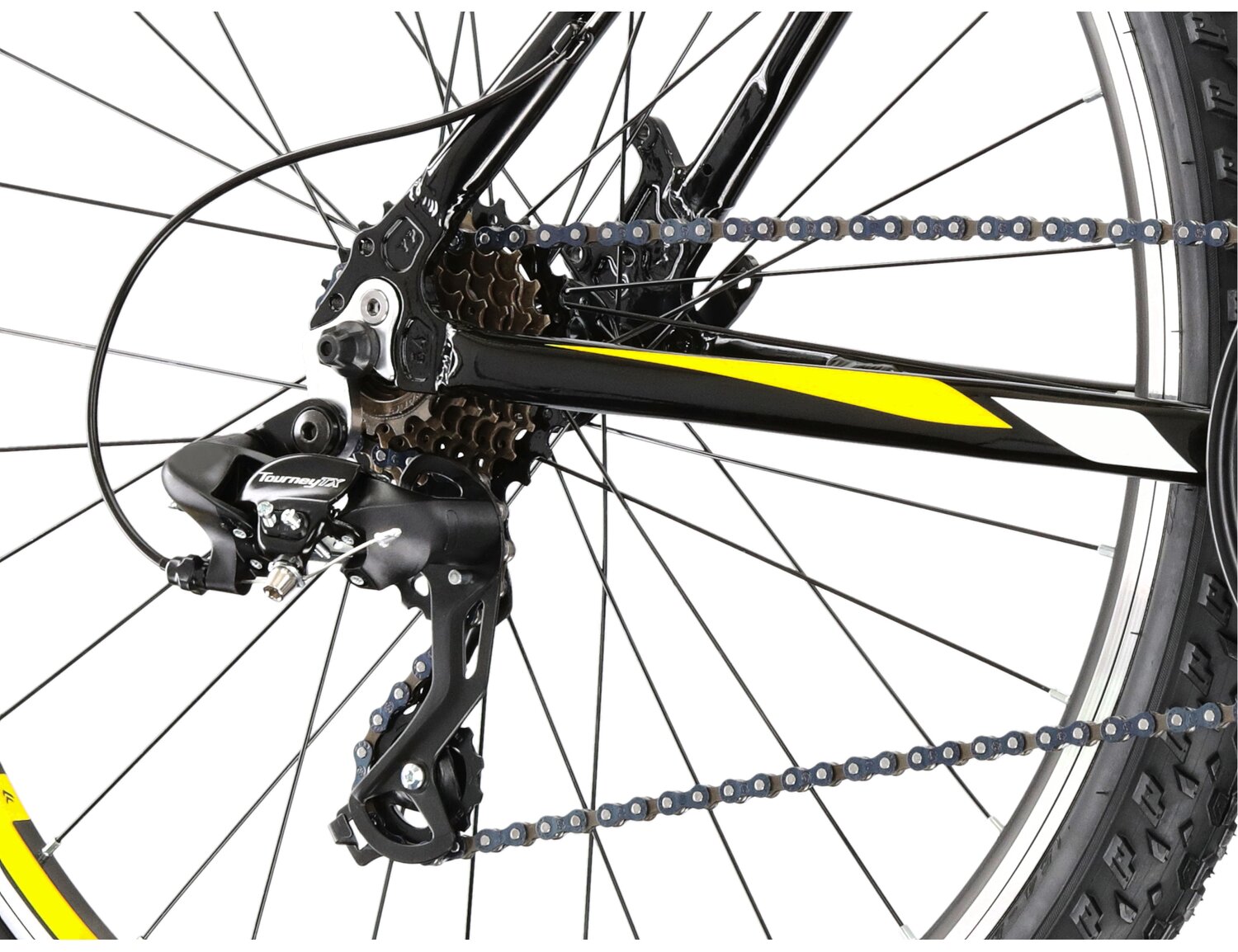  Tylna siedmiobiegowa przerzutka Shimano Tourney TX800 oraz hamulce v-brake w rowerze górskim MTB KROSS Hexagon 1.0 