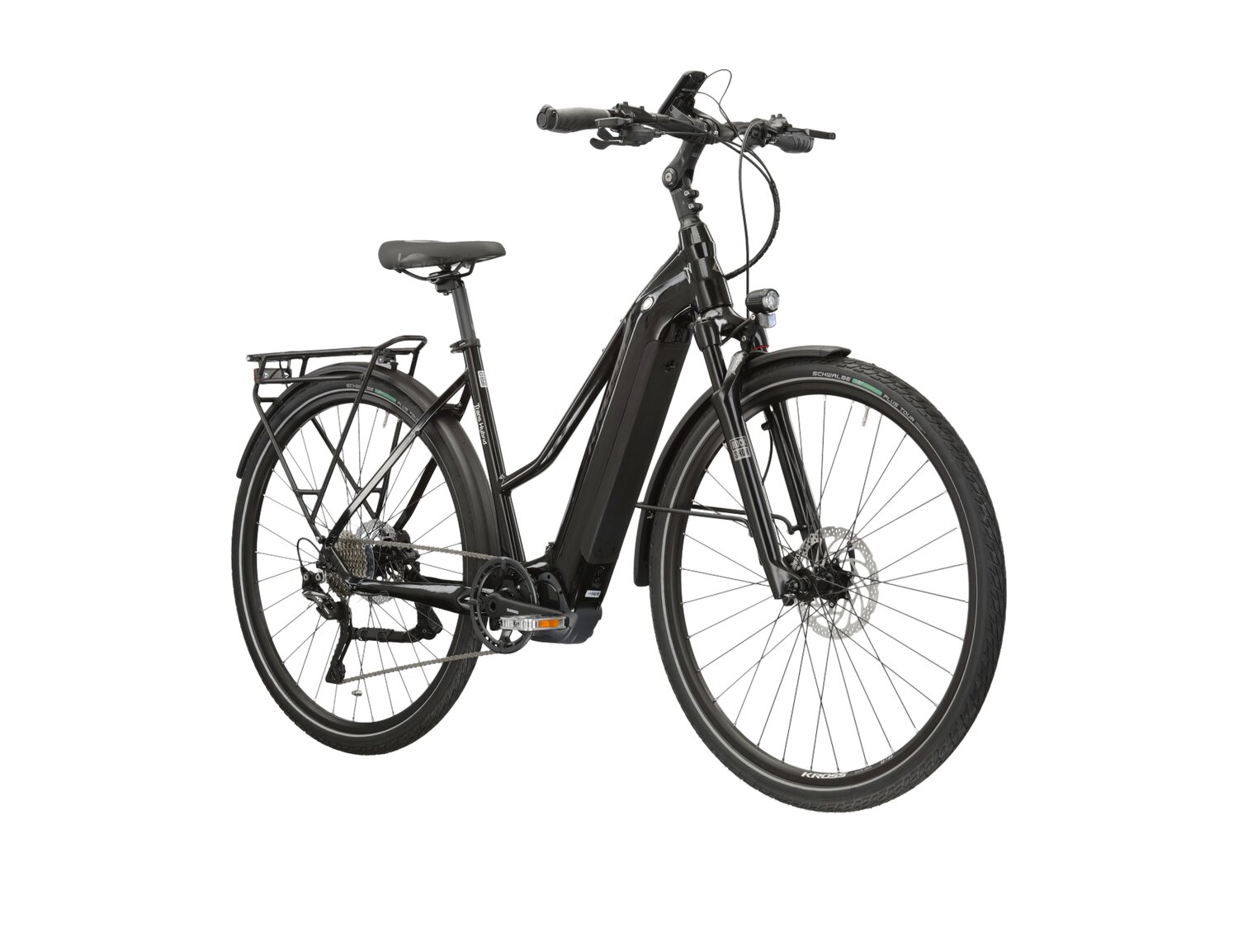  Elektryczny rower trekkingowy KROSS Trans Hybrid 6.0 630 Wh UNI na aluminiowej ramie w kolorze czarnym wyposażony w osprzęt Shimano i napęd elektryczny Shimano