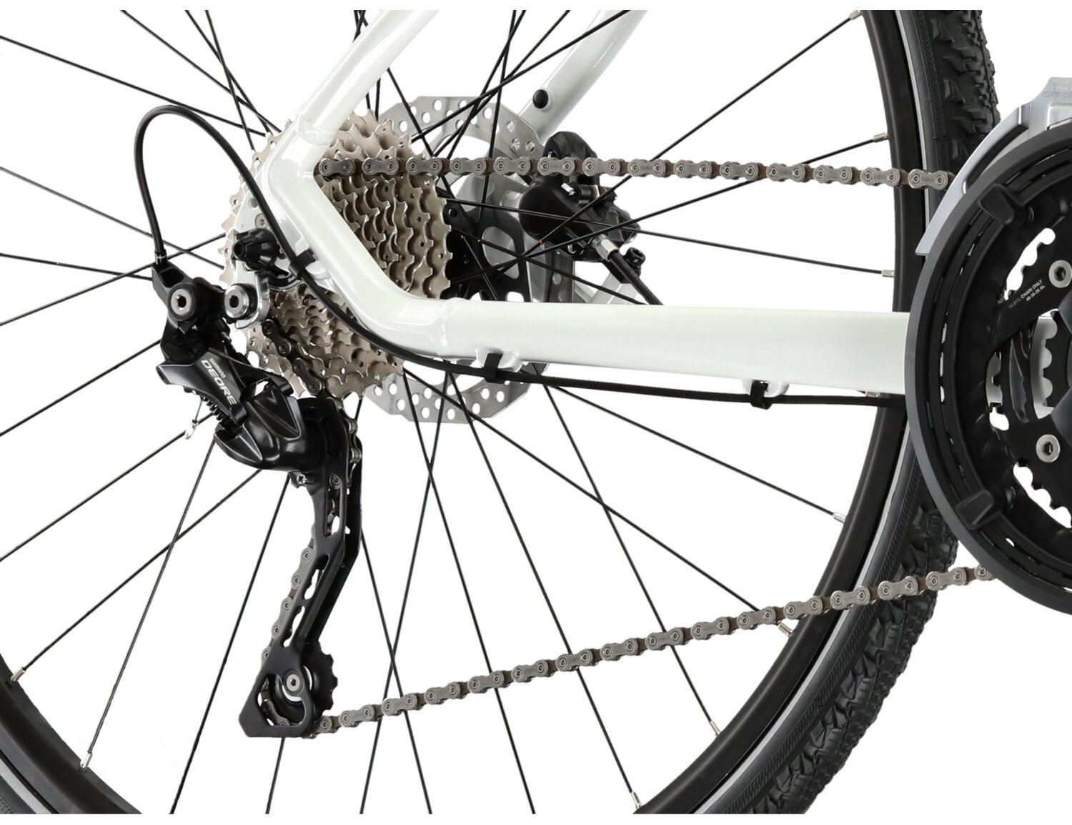  Tylna dziesięciobiegowa przerzutka Shimano Deore T6000 oraz hydrauliczne hamulce tarczowe Shimano MT200 w rowerze crossowymym damskim KROSS Evado 7.0 