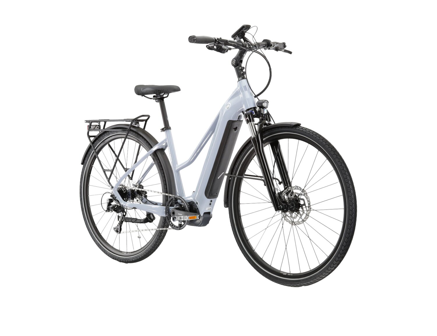  Elektryczny rower trekkingowy KROSS Trans Hybrid 4.0 500 Wh UNI na aluminiowej ramie w kolorze niebieskiem wyposażony w osprzęt Shimano i napęd elektryczny Shimano
