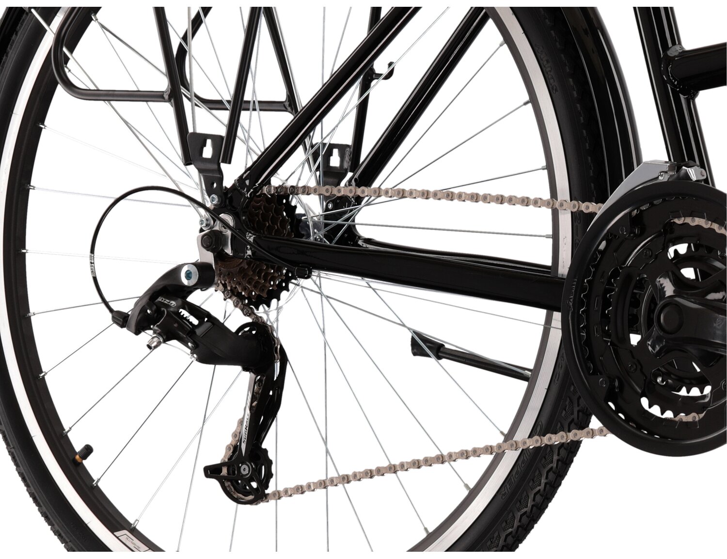  Tylna siedmiobiegowa przerzutka Sunrace RDM41 oraz hamulce v-brake w rowerze trekkingowym damskim KROSS Trans 1.0 SR 