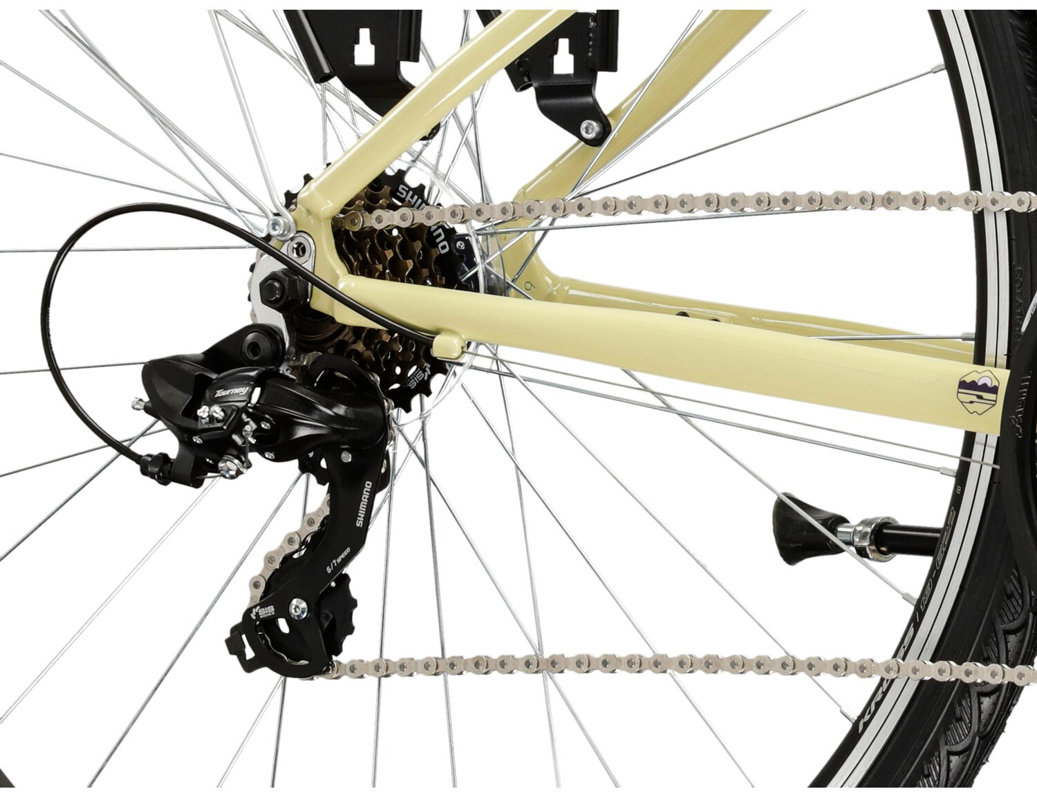  Tylna siedmiobiegowa przerzutka Shimano Tourney TY300 oraz hamulce v-brake w rowerze trekkingowym damskim KROSS Trans 1.0 